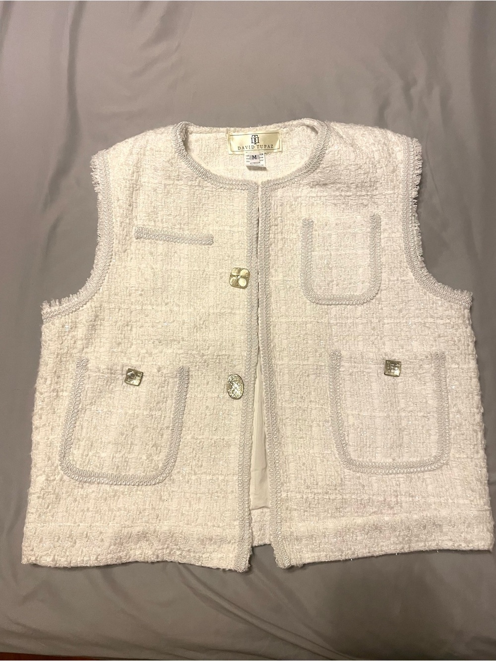 David Tupaz White Tweed Sleeveless Vest with Decorative Buttons